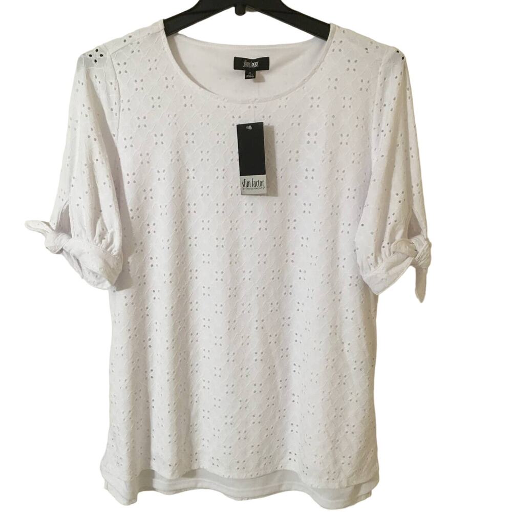 NWT Slim Factor by Investments Small Women’s Top White Hi Lo Eyelet Tied Sleeves